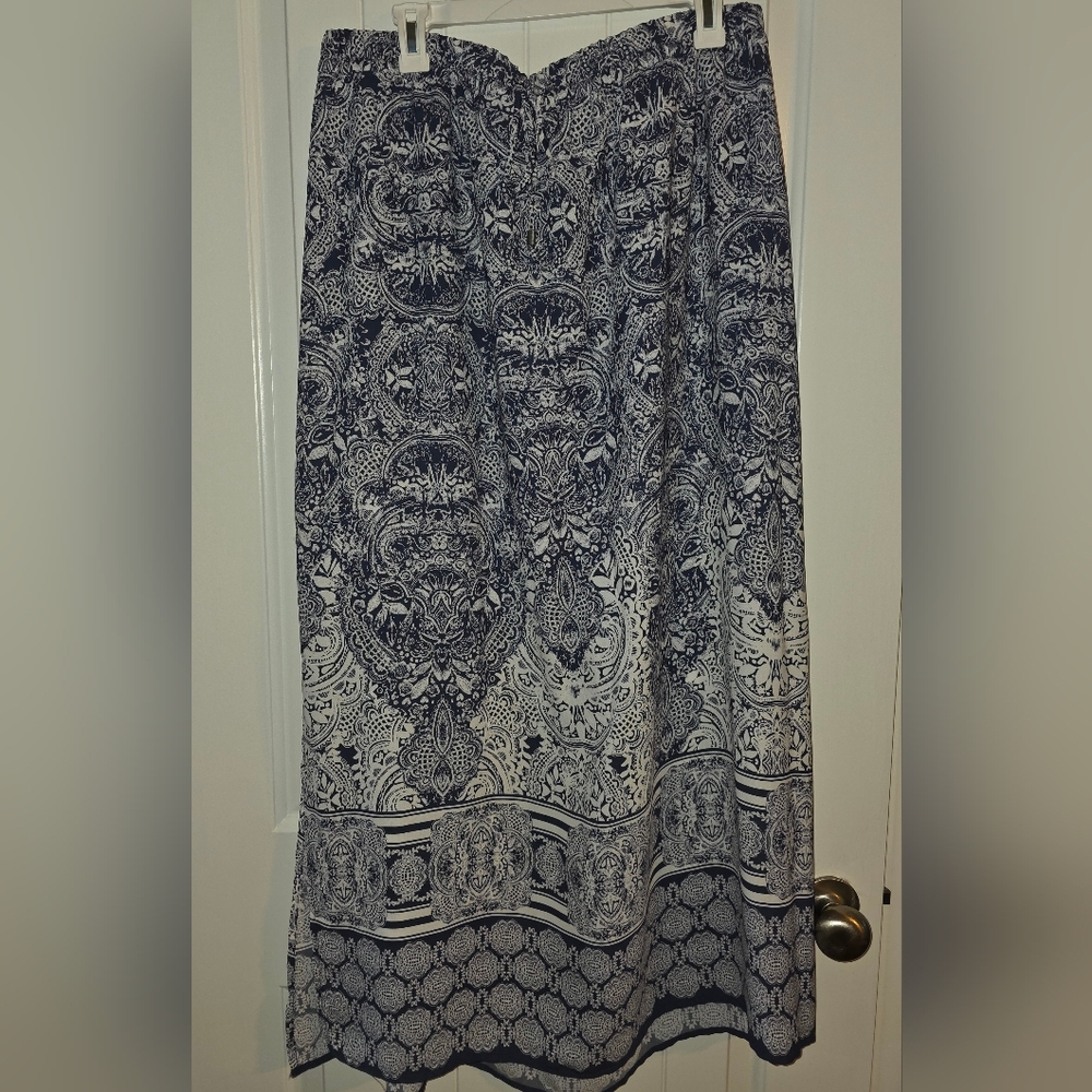 Faded Glory Navy and White Midi Skirt With Side Slits and Drawstring Waist XL